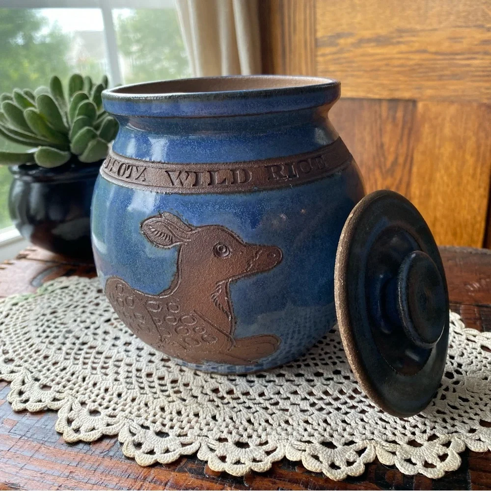 Vintage 1987 Studio Pottery Minnesota Wild Rice Blue Canister Crock Handmade EUC